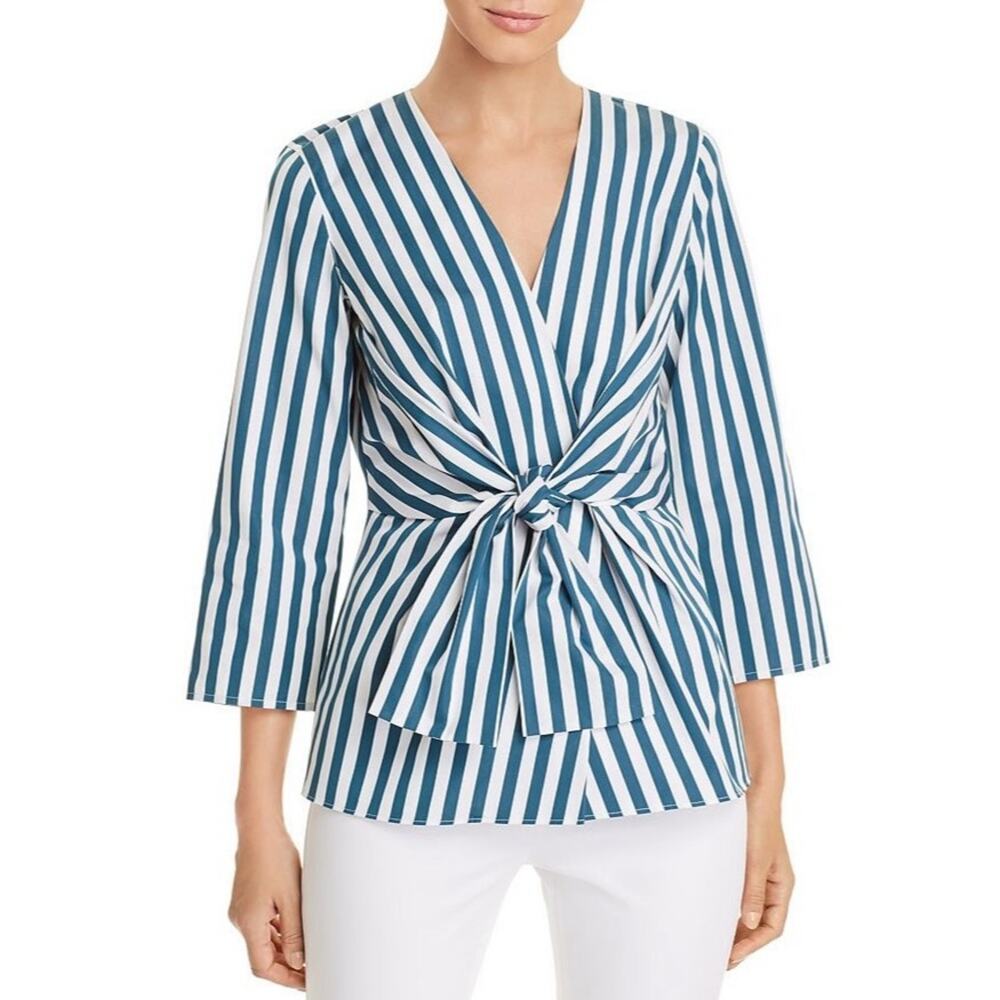 NWT LAFAYETTE 148 NEW YORK Dayana Strada Stripe V-Neck 3/4-Sleeve Blouse